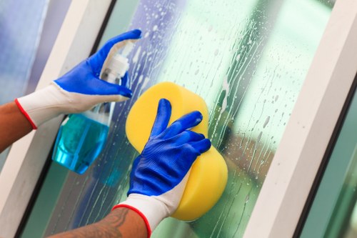 Cleaning staff following a safe work routine with protective equipment