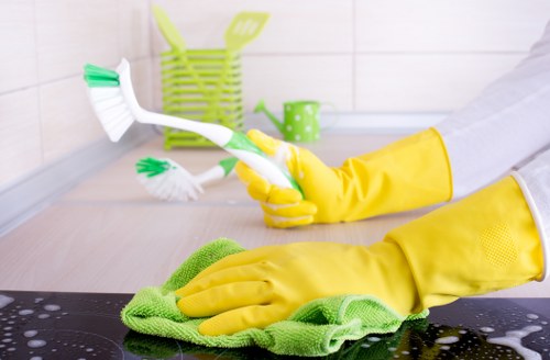 Cleaning staff wearing PPE during a professional cleaning task